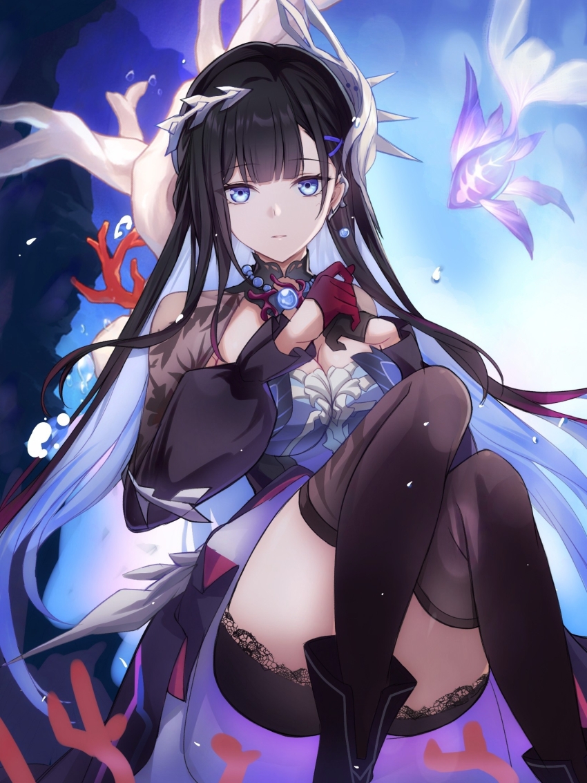 1girl black_hair black_thighhighs blue_eyes blue_hair blunt_bangs breasts brooch cleavage colored_inner_hair commentary_request convenient_leg feet_out_of_frame fish hair_ornament highres honkai:_star_rail honkai_(series) hysilens_(honkai:_star_rail) jewelry looking_at_viewer medium_breasts multicolored_hair saint_laurent_paris shrug_(clothing) solo thighhighs thighs