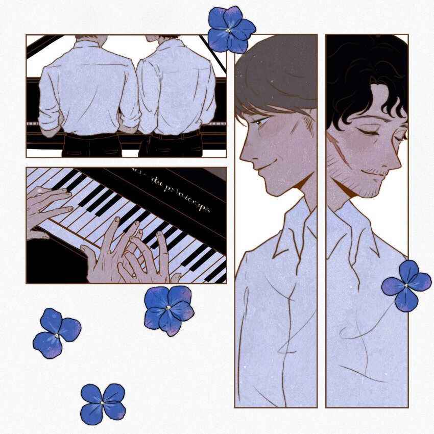 2boys bakabakalii black_pants blonde_hair blue_flower brown_eyes brown_hair closed_eyes collared_shirt facial_hair facial_scar flower forget-me-not_(flower) hannibal_(tv_series) hannibal_lecter highres instrument male_focus multiple_boys music pants piano playing_instrument playing_piano scar scar_on_cheek scar_on_face shirt short_hair sleeves_rolled_up stubble upper_body wavy_hair white_shirt will_graham yaoi