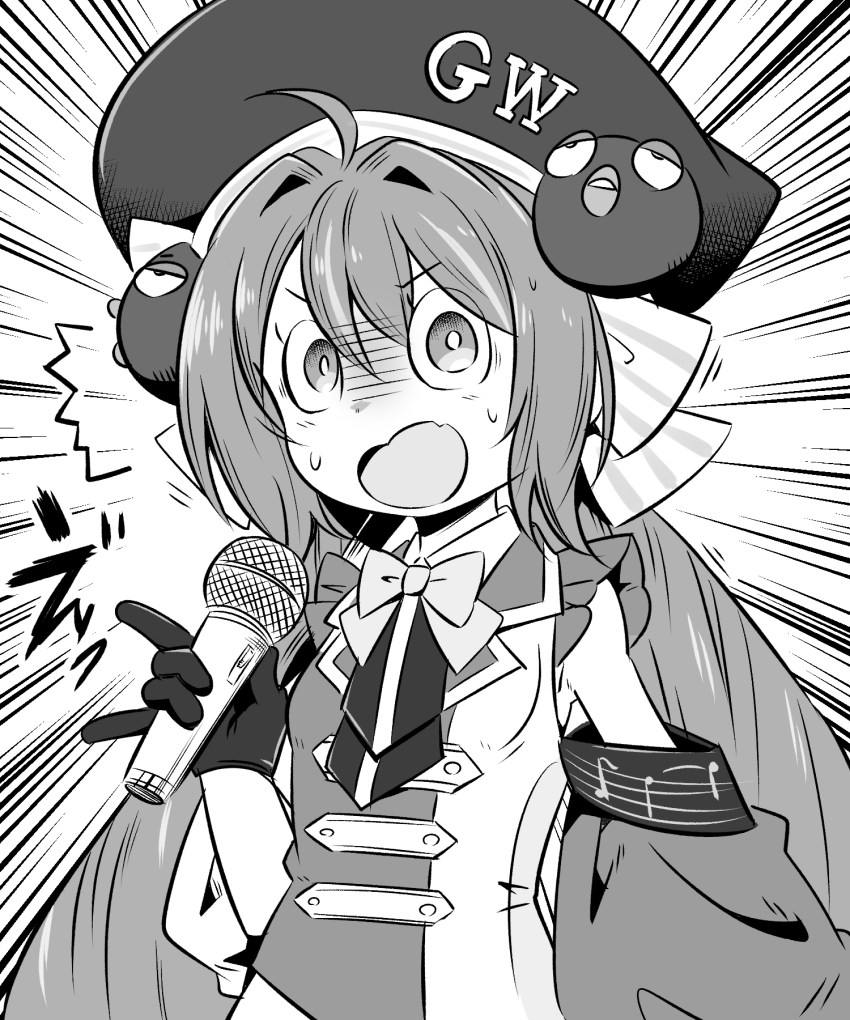 1girl ^^^ detached_sleeves emphasis_lines gloves greyscale hair_between_eyes hat highres holding holding_microphone microphone monochrome neon-tetora otomachi_una puffy_short_sleeves puffy_sleeves shirt short_sleeves simple_background sleeveless sleeveless_shirt solo sweat talkex turn_pale upper_body v-shaped_eyebrows vest voiceroid white_background