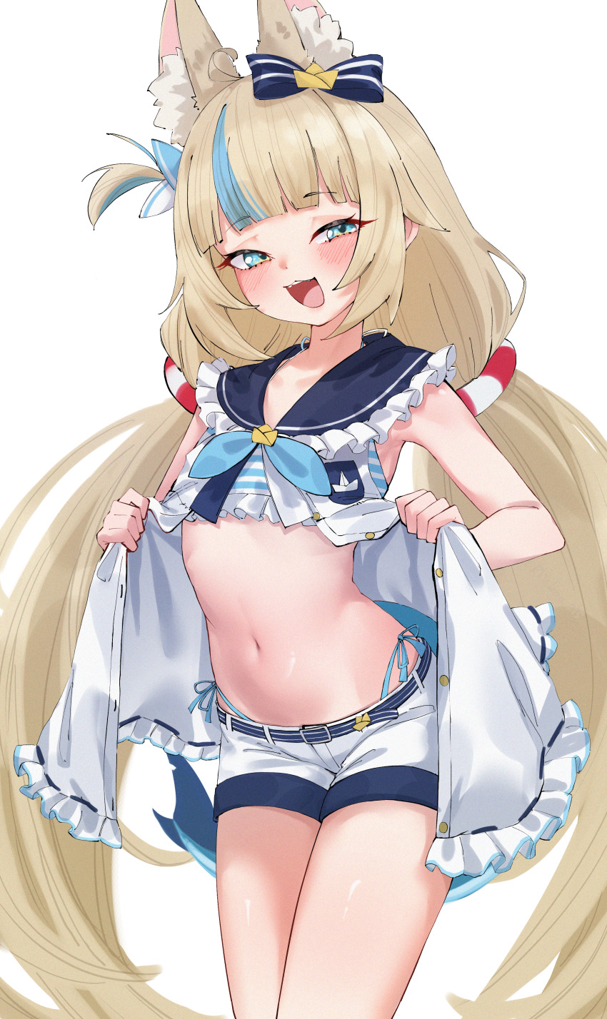 1girl :d absurdres animal_ear_fluff animal_ears blonde_hair blue_bow blue_eyes blue_hair blush bow cat_ears ear_bow fins fish_tail highres indie_virtual_youtuber lifting_own_clothes long_hair looking_at_viewer low_twintails midriff multicolored_hair navel open_mouth rnekon215 sameko_saba simple_background smile solo stomach streaked_hair tail twintails very_long_hair white_background