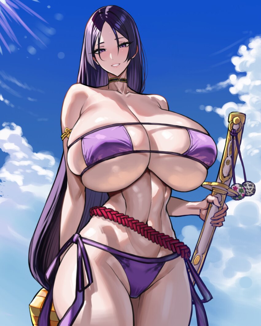 1girl absurdres arm_guards armlet armor bare_shoulders beads bikini blush breasts choker cleavage collarbone doujigiri_yasutsuna_(fate) eyepatch_bikini fate/grand_order fate_(series) gloves greaves highres huge_breasts jewelry long_hair minamoto_no_raikou_(fate) minamoto_no_raikou_(fate/grand_order) minamoto_no_raikou_(swimsuit_lancer)_(fate) minamoto_no_raikou_(swimsuit_lancer)_(third_ascension)_(fate) navel parted_bangs purple_bikini purple_eyes purple_hair single_glove single_greave smile solo strapless strapless_bikini swimsuit very_long_hair wolffeld_price