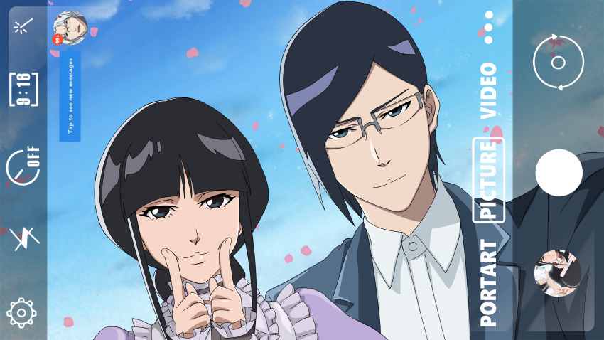 1girl 2boys absurdres black_hair bleach blunt_bangs couple fake_phone_screenshot fake_screenshot fingersmile glasses guy_tired_after_sex_(meme) hetero highres ishida_ryuuken ishida_uryuu kubo_tite_(style) kurotsuchi_nemu looking_at_viewer meme multiple_boys selfie short_hair smile subiras