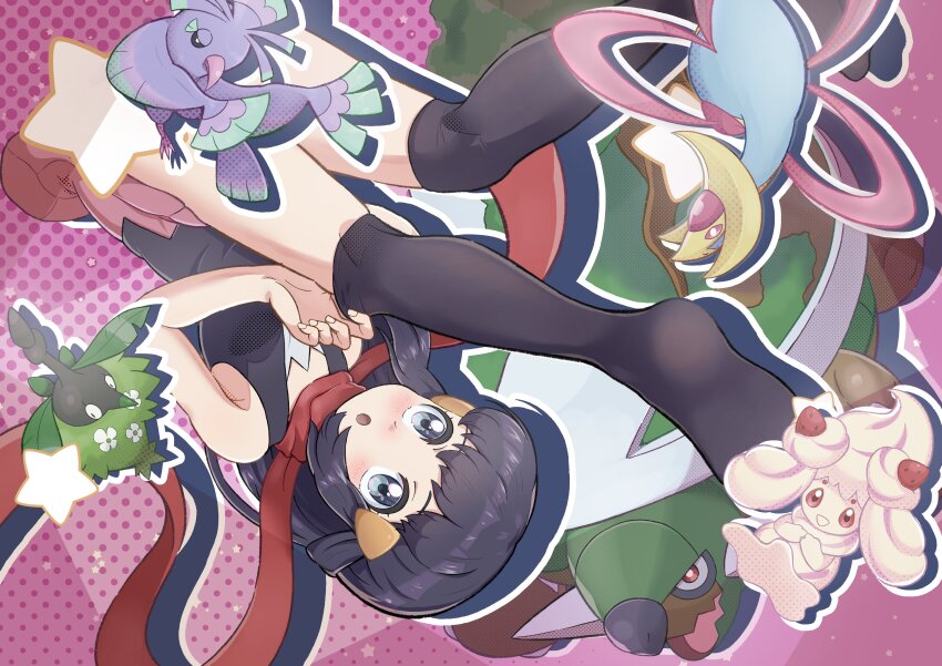 1girl absurdres alcremie alcremie_(strawberry_sweet) blush convenient_censoring cresselia dawn_(pokemon) dosya_252 gen_4_pokemon gen_7_pokemon gen_8_pokemon grey_eyes highres legendary_pokemon looking_at_viewer nintendo open_mouth oricorio oricorio_(sensu) pokemon pokemon_(creature) pokemon_dppt red_eyes scarf sleeveless star_(symbol) thighhighs_pull torterra wings wormadam wormadam_(plant)