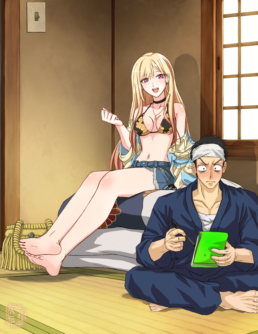 absurdres bad_tag bare_legs barefoot bikini black_bikini black_choker choker crossed_ankles crossed_legs dress ear_piercing feet floral_print gojou_wakana gyaru highres kitagawa_marin legs piercing pink_nails print_bikini soles sono_bisque_doll_wa_koi_wo_suru swimsuit tatami