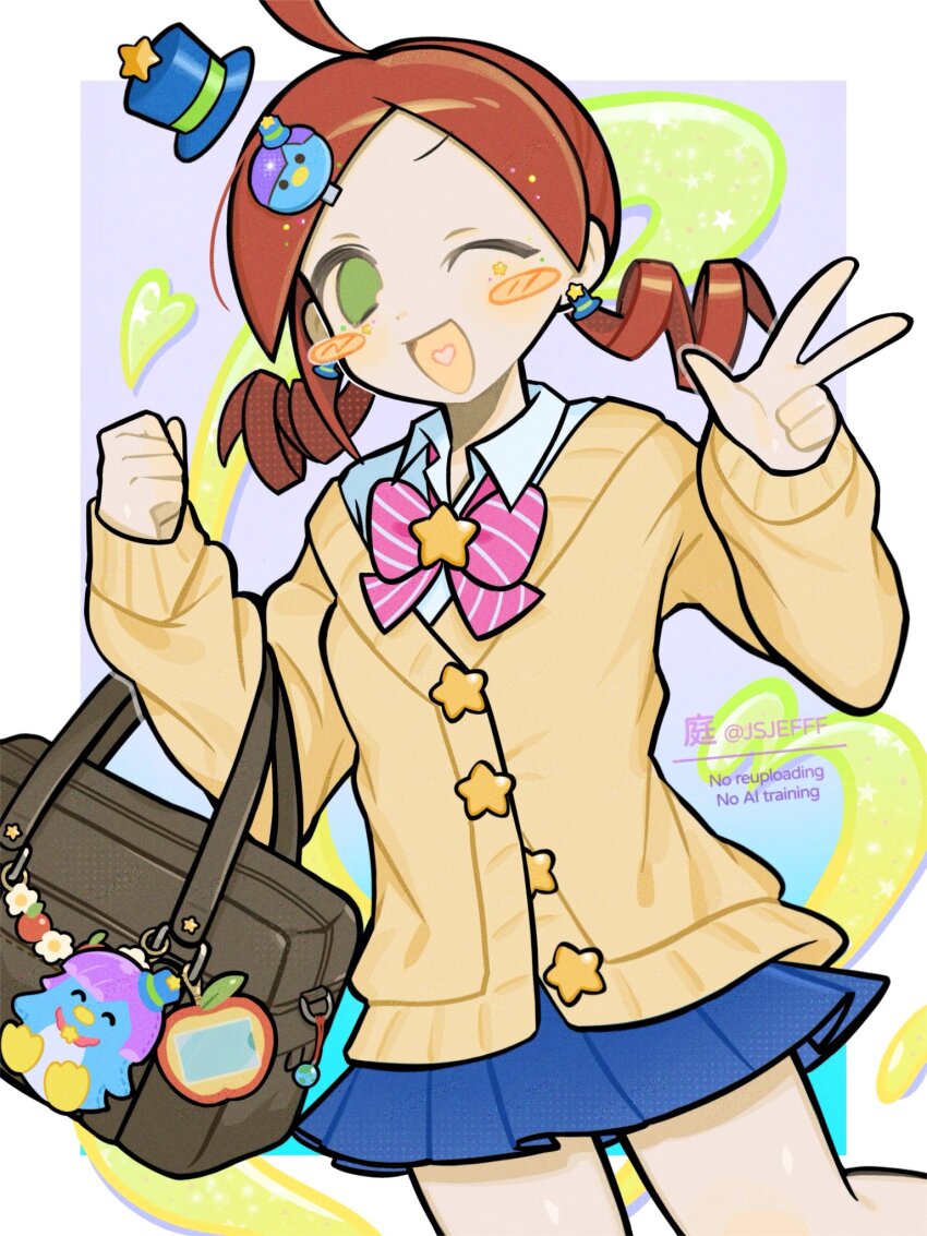 1girl ahoge alternate_costume andou_ringo bag bag_charm blue_skirt blush_stickers bow brooch brown_bag cardigan character_charm character_hair_ornament charm_(object) clenched_hand collared_shirt drill_hair green_eyes hair_ornament hairclip hat heart heart_in_mouth highres jewelry jsjefff looking_at_viewer mini_hat mini_top_hat one_eye_closed open_mouth pink_bow pleated_skirt puyopuyo red_hair school_bag school_uniform shirt short_hair skirt smile solo star_brooch star_button striped_bow top_hat twin_drills v white_shirt yellow_cardigan