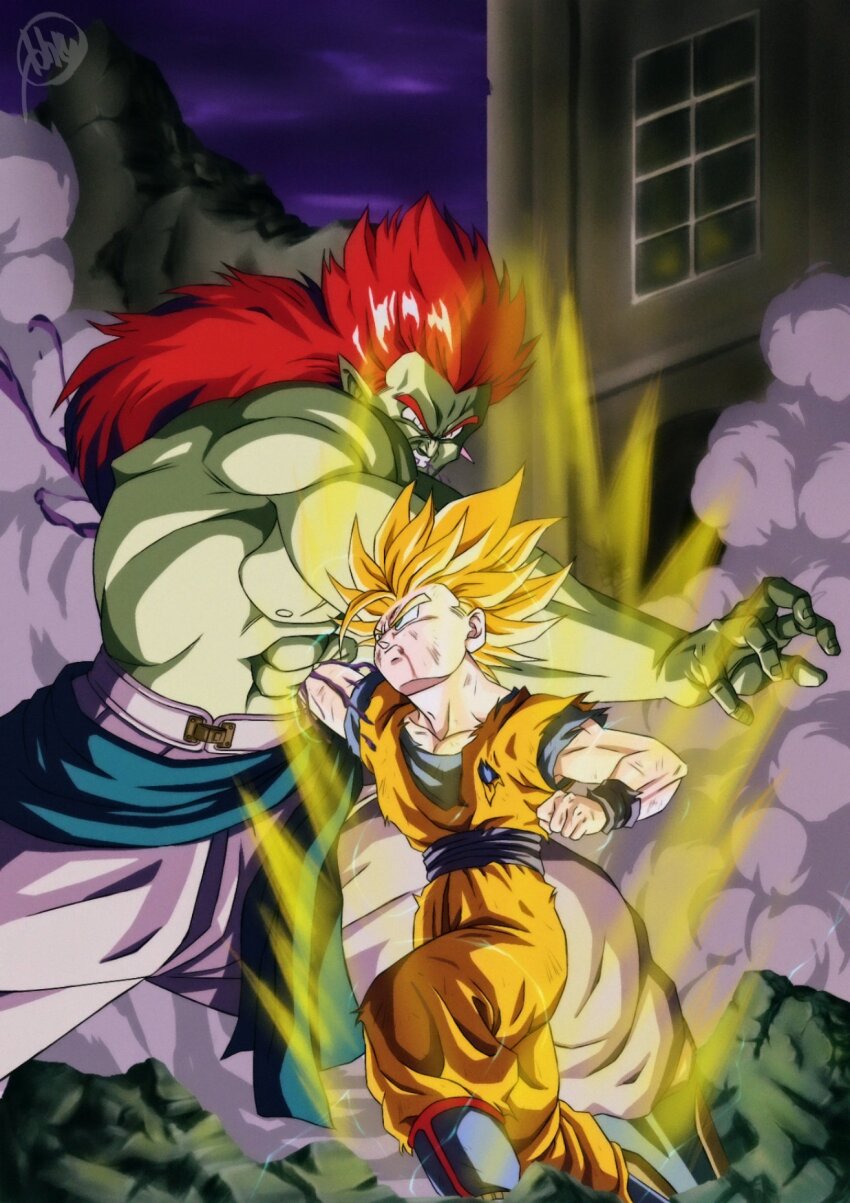 2boys abs aura blonde_hair blood blood_from_mouth bojack boots building clenched_teeth colored_skin dougi dragon_ball dragonball_z frown green_skin highres impaled kakeru_(dbskakeru) long_hair male_focus multiple_boys night night_sky pointy_ears punching red_hair size_difference sky smoke son_gohan super_saiyan super_saiyan_2 teeth topless_male torn_clothes wristband