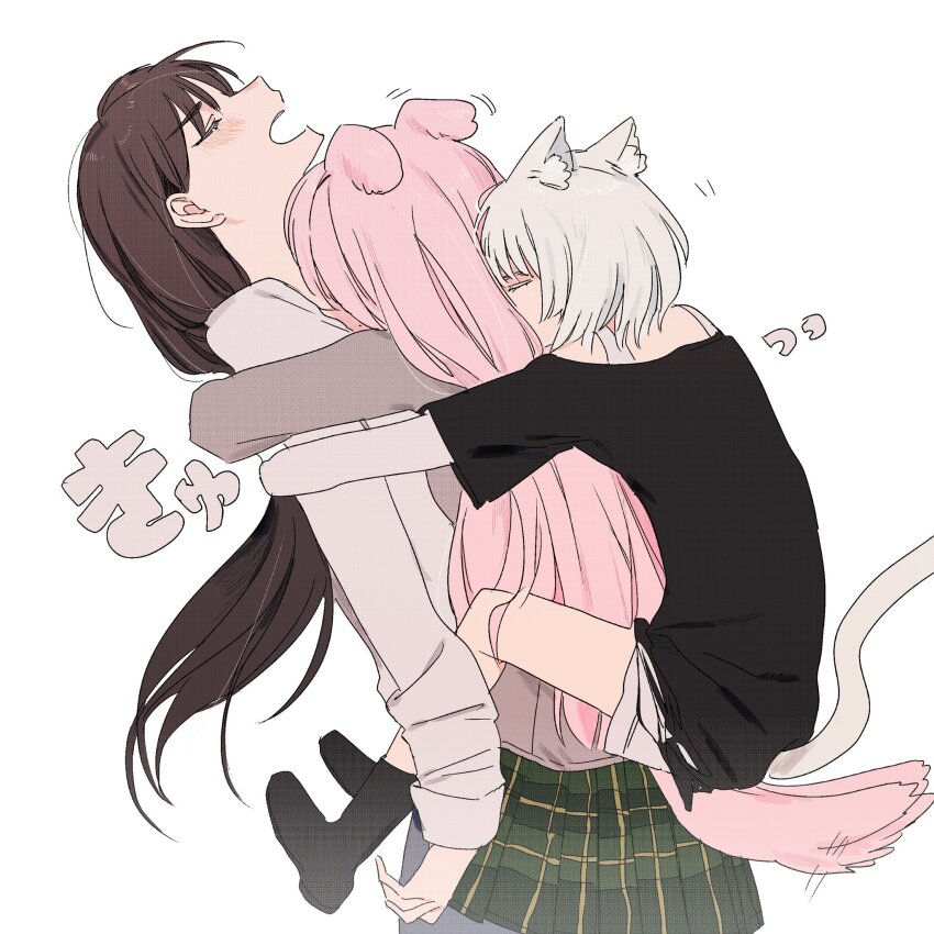 3girls animal_ears bang_dream! bang_dream!_it&#039;s_mygo!!!!! black_shirt blush brown_hair cat_ears chihaya_anon closed_eyes dog_ears hanasakigawa_school_uniform haneoka_school_uniform highres hug long_hair long_sleeves multiple_girls open_mouth pink_hair pleated_skirt reiboubyou school_uniform shiina_taki shirt shoes short_hair shorts simple_background skirt tail tail_wagging white_background white_hair yahata_umiri