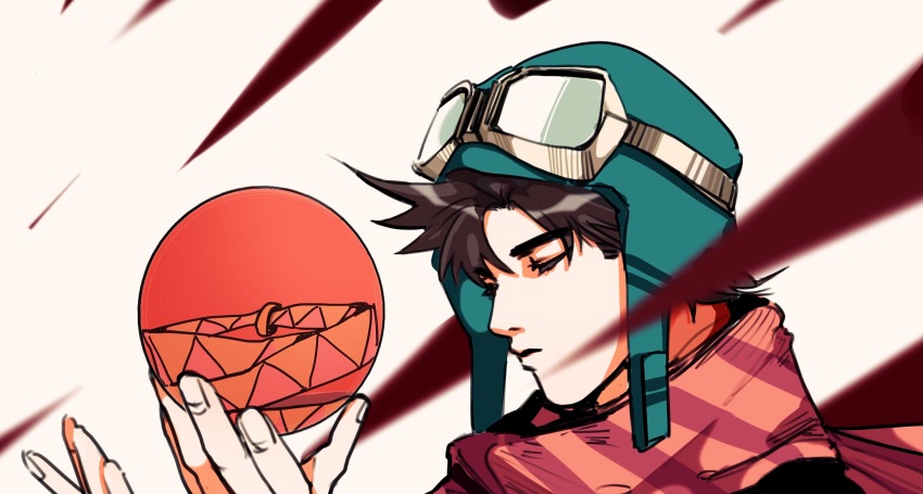 1boy battle_tendency black_hair bomber_hat brown_hair bubble closed_eyes diagonal_stripes goggles goggles_on_headwear highres jojo_no_kimyou_na_bouken joseph_joestar joseph_joestar_(young) male_focus scarf solo spiked_hair striped_clothes striped_scarf triangle_print ummi_ii