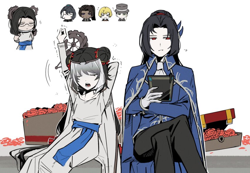 1girl 6+boys argalia_(project_moon) argalia_(project_moon)_(cosplay) arms_up asdf1211950 black_hair black_pants blue_cape blue_jacket cape church_of_gears_worshipper church_of_gears_worshipper_(cosplay) closed_eyes cosplay crossed_legs double_bun dress eileen_(project_moon) eileen_(project_moon)_(cosplay) full-stop_office_(identity)_(project_moon) hair_bun hat heathcliff_(project_moon) highres hong_lu_(project_moon) jacket jia_huan_(project_moon) jia_xichun_(project_moon) library_of_ruina limbus_company long_hair looking_at_viewer lunacy_(limbus_company) meursault_(project_moon) monocle multiple_boys pants parted_bangs ponytail project_moon red_eyes simple_background sinclair_(project_moon) sitting stretching top_hat veil very_long_hair wei_(project_moon) white_background white_dress white_veil