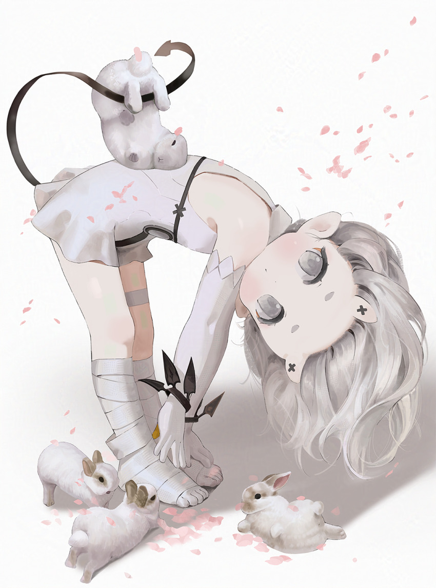 1girl animal animal_on_back bandaged_foot bandages black_tail bracelet character_request child closed_mouth commentary_request demon_horns demon_tail doubutsunoujyou dress duet_night_abyss elbow_gloves falling_petals full_body gloves grey_eyes grey_hair highres horns jewelry long_hair looking_at_viewer no_shoes petals pink_petals pointy_ears prehensile_tail short_dress skin-covered_horns sleeveless sleeveless_dress solo tail white_dress white_gloves white_rabbit_(animal)