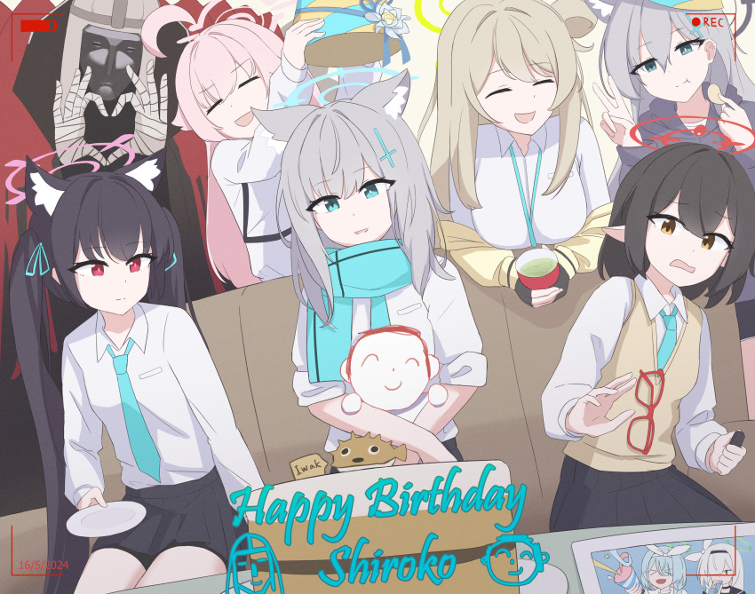 &gt;_&lt; 2boys 6+girls :d ^_^ absurdres ahoge alternate_costume animal_ear_fluff animal_ears aqua_hair arona_(blue_archive) ayane_(blue_archive) birthday_cake black_choker black_hair black_sailor_collar black_skirt black_sweater blue_archive blue_eyes blue_necktie blue_scarf bow breasts brown_hair cake cat_ears cat_girl chips_(food) choker closed_eyes collared_shirt commentary confetti couch cross_hair_ornament cup doodle_sensei_(blue_archive) eating english_commentary english_text extra_ears food glasses green_tea grey_hair hair_between_eyes hair_bow hair_ornament hair_over_one_eye hair_ribbon hairband halo happy_birthday hat heart heart_hands highres holding holding_food holding_unworn_clothes holding_unworn_hat hood hooded_sweater hoshino_(blue_archive) hug hug_from_behind indoors jacket lanyard large_breasts long_hair looking_at_another looking_at_viewer medium_hair mismatched_pupils multiple_boys multiple_girls myuf necktie nonomi_(blue_archive) on_couch open_clothes open_jacket open_mouth parted_lips party_hat party_popper phrenapates_(blue_archive) pink_hair plana_(blue_archive) pleated_skirt pointy_ears potato_chips recording red-framed_eyewear red_eyes ribbon sailor_collar scarf school_uniform sensei_(blue_archive) serafuku serika_(blue_archive) shiroko_(blue_archive) shiroko_terror_(blue_archive) shirt shoulder_strap sidelocks sitting sitting_on_lap sitting_on_person skirt smile summer_uniform sweater sweater_vest tablet_pc tea teacup twintails unworn_eyewear unworn_hat unworn_headwear vest viewfinder white_choker white_hair white_sailor_collar white_shirt wolf_ears wolf_girl xd yellow_jacket yellow_vest