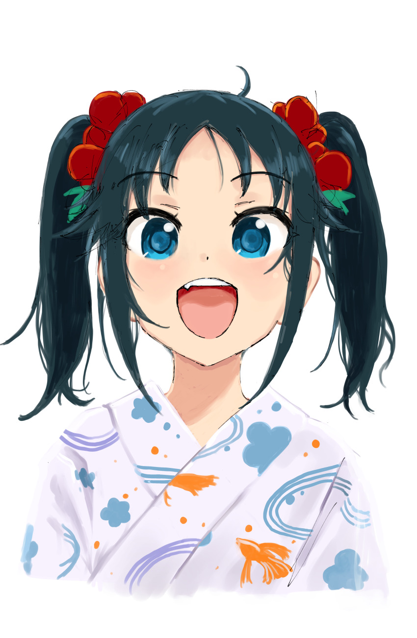 1girl absurdres alternate_hairstyle animal_print antenna_hair aqua_eyes arms_at_sides child eyelashes facing_viewer female_focus fish_print flat_chest green_hair happy highres idolmaster idolmaster_cinderella_girls idolmaster_cinderella_girls_starlight_stage inu_chikushou japanese_clothes kimono long_hair looking_at_viewer namco nanjo_hikaru neck official_alternate_costume official_alternate_hairstyle open_mouth parted_bangs portrait sidelocks simple_background smile standing traditional_clothes twintails upper_body white_background white_yukata yukata