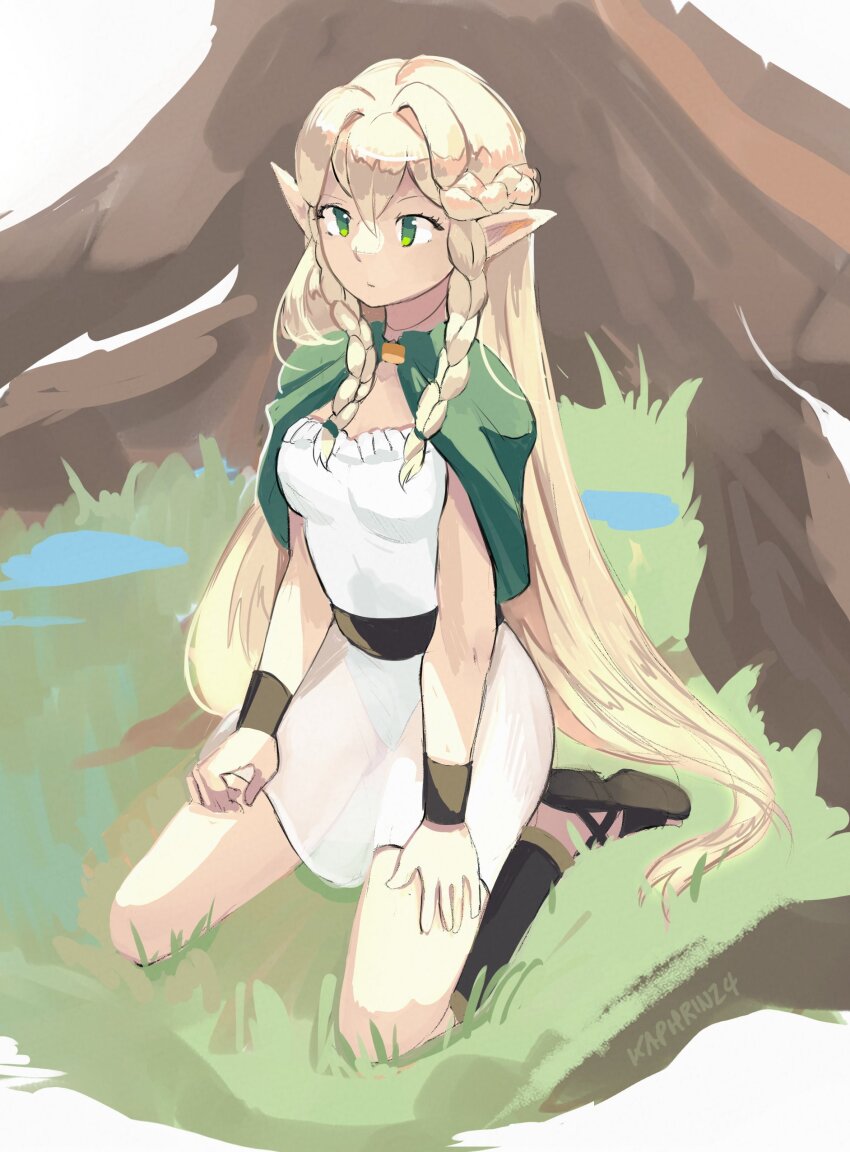 1girl absurdres belt black_belt blonde_hair braid capelet dress eltolinde_(unicorn_overlord) green_capelet green_eyes highres kaphrin long_hair pointy_ears sandals seiza short_dress sitting solo twin_braids unicorn_overlord very_long_hair white_dress wristband