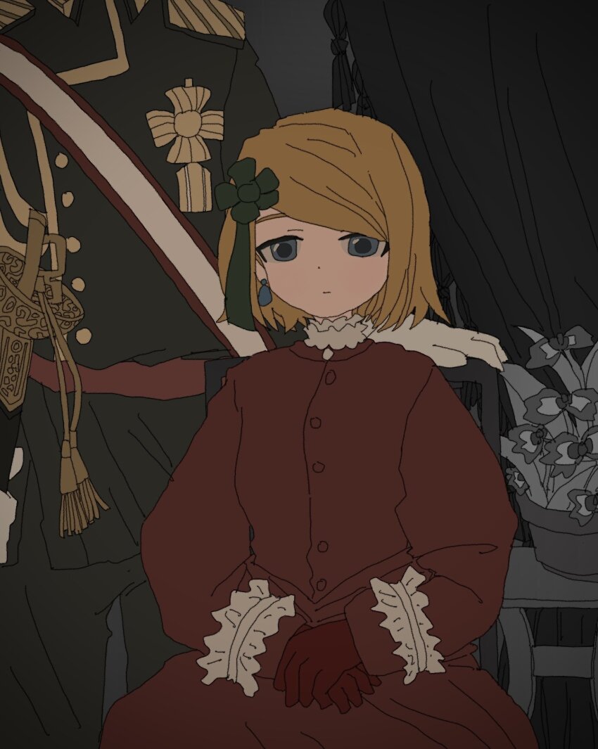 1boy 1girl alternate_costume behind_another belt black_jacket black_pants blonde_hair blue_eyes buttons chair closed_mouth commentary_request dress earrings expressionless fake_photograph feet_out_of_frame flower flower_pot gloves green_ribbon hair_ribbon hands_on_lap head_out_of_frame highres holding holding_sword holding_weapon jacket jewelry kagamine_rin kousou_(vanilla_rkgk) long_sleeves looking_at_viewer medal military_uniform on_chair own_hands_together pants partially_colored red_belt red_dress red_gloves ribbon saber_(weapon) sash sheath sheathed short_hair shoulder_boards shoulder_sash sitting solo_focus swept_bangs sword vocaloid weapon