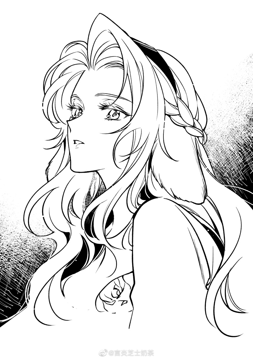1girl absurdres animal_ears arknights artist_name braid commentary cropped_shoulders curtained_hair dog_ears dog_girl expressionless floppy_ears forehead greyscale hairband half_up_braid hatching_(texture) highres kristen_(arknights) long_hair looking_at_viewer monochrome parted_lips sideways_glance solo symbol-only_commentary watermark wavy_hair weibo_watermark white_background yan_yan_zhishi_naicha