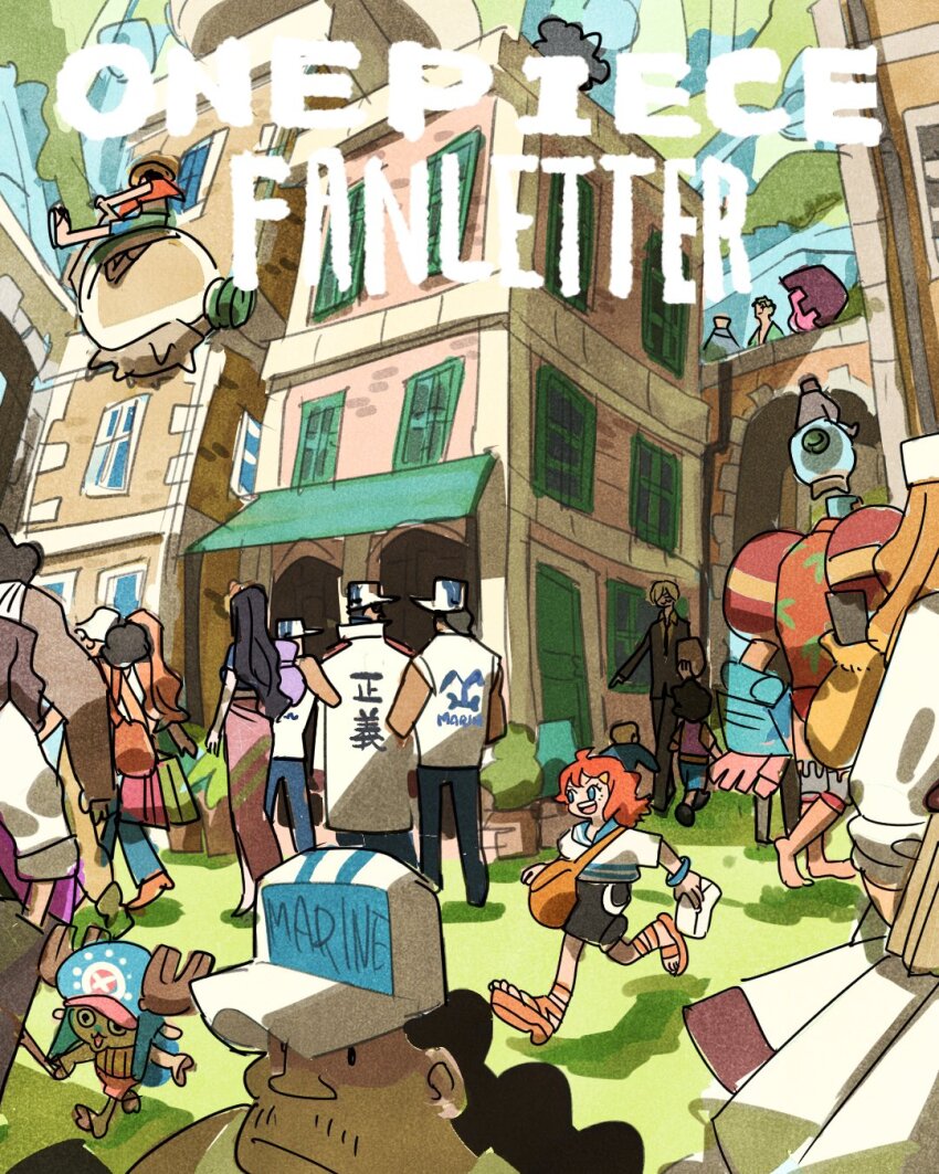 4girls 6+boys bag black_hair bracelet brook_(one_piece) commentary_request copyright_name elder_marine_brother facial_hair franky_(one_piece) hat highres holding holding_letter holding_umbrella jewelry letter long_hair marine_(one_piece) marine_uniform_(one_piece) monkey_d._luffy multiple_boys multiple_girls mustache_stubble nami&#039;s_fangirl nami_(one_piece) nico_robin nico_robin_(return_to_sabaody) one_piece one_piece_fan_letter orange_hair perona ponytail roronoa_zoro sanji_(one_piece) satchel smile stubble takeuchi_ryousuke tony_tony_chopper umbrella usopp