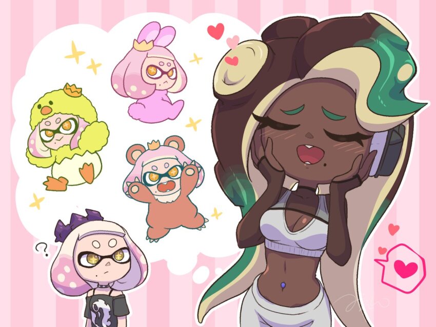 2girls alternate_costume animal_costume animal_ears closed_eyes confused costume fangs hands_on_own_cheeks hands_on_own_face imagining marina_(splatoon) marina_(springfest)_(splatoon) mole mole_under_mouth multiple_girls navel_piercing nintendo pearl_(splatoon) pearl_(springfest)_(splatoon) piercing splatoon_(series) splatoon_3 sports_bra togeshiro_azami