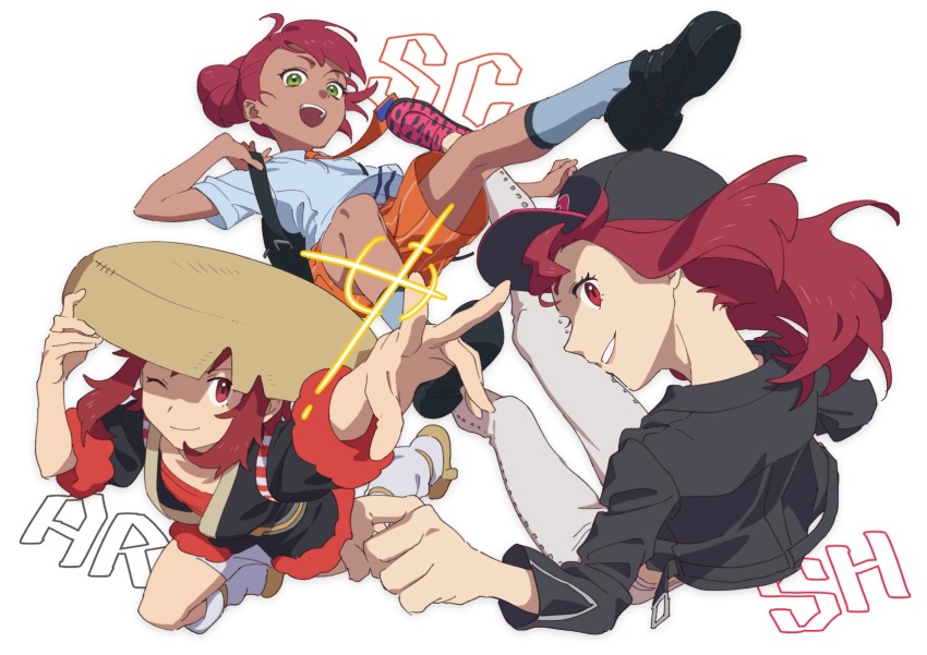 3girls :d ;) backpack bag black_bag black_jacket black_shoes brown_hat closed_mouth commentary_request creatures_(company) eyelashes game_freak green_eyes grey_socks grin hat highres jacket multiple_girls necktie nintendo one_eye_closed open_mouth orange_necktie orange_shorts original pants pokemon pokemon_legends:_arceus pokemon_sv pokemon_swsh red_eyes red_hair sankaku shirt shoes short_hair short_sleeves shorts smile socks teeth upper_teeth_only white_background