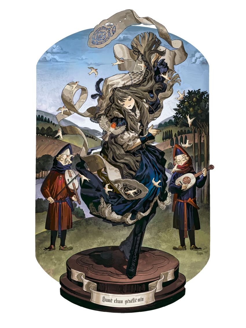 1girl 2boys absurdres asymmetrical_gloves asymmetrical_sleeves bird black_boots blue_dress blue_sky boots closed_eyes dancing dress dynamic_pose gloves grey_hair hand_up highres instrument jadetilaurant jewelry juliet_sleeves knee_boots lace-up_boots landscape long_dress long_hair long_sleeves looking_down lute_(instrument) medieval miniature multiple_boys neck_ruff open_mouth original podium puffy_sleeves renaissance_clothes river scroll sky swallow_(bird) vielle