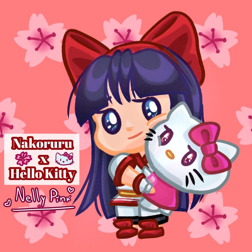 2girls ainu_clothes artist_name cherry_blossom_print chibi crossover fingerless_gloves floral_print gloves hair_ribbon hello_kitty hello_kitty_(character) highres hug legs long_hair multiple_girls nakoruru pants purple_eyes purple_hair ribbon samurai_spirits sanrio smile snk the_king_of_fighters thighs very_long_hair