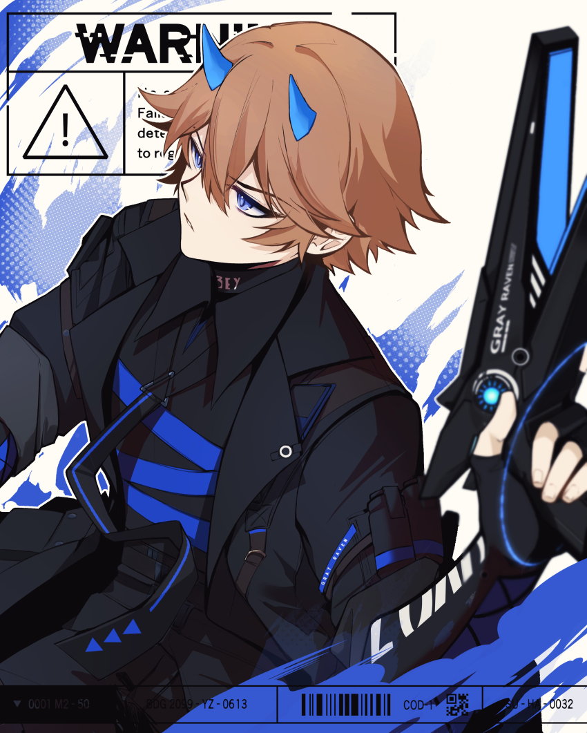 1boy absurdres barcode blonde_hair blue_eyes dochikun gun highres holding holding_weapon image_sample lee:_palefire_(pgr) lee_(pgr) oni_horn pixiv_sample punishing:_gray_raven solo solo_focus weapon