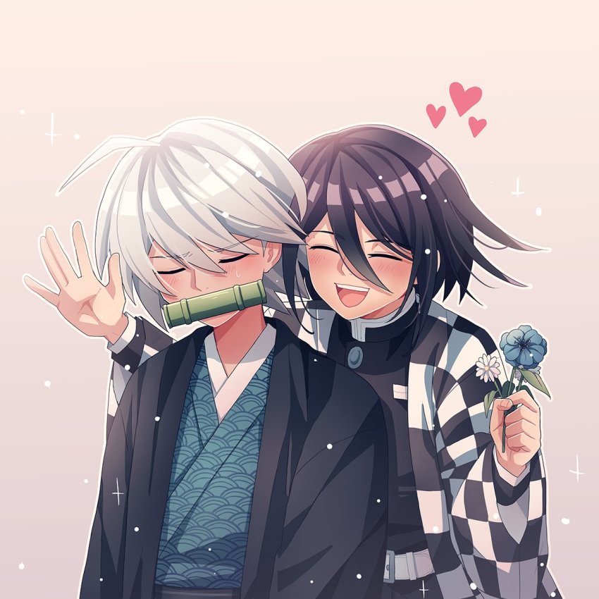 2boys ahoge bamboo bit_gag black_hair black_jacket blue_flower blush checkered_clothes checkered_kimono cheer_(cheerpuppy14) closed_eyes commentary cosplay cosplay_request danganronpa_(series) danganronpa_v3:_killing_harmony english_commentary flower gag gradient_background grey_background grey_hair hair_between_eyes hand_up haori heart highres holding holding_flower jacket japanese_clothes k1-b0 kamado_nezuko kamado_nezuko_(cosplay) kimetsu_no_yaiba kimono long_sleeves male_focus multiple_boys oma_kokichi open_mouth smile sparkle sweat upper_body waving wide_sleeves