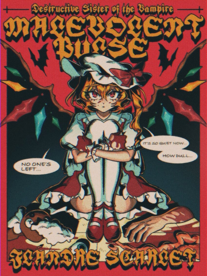 ... 1girl ass bat_(animal) bat_wings blonde_hair blood blood_on_clothes blood_on_face blood_on_ground blood_on_hands blood_stain blue_eyes blue_gemstone collared_shirt dialogue_box disembodied_hand english_text eyeball flandre_scarlet frilled_hat frilled_shirt frilled_shirt_collar frilled_skirt frilled_sleeves frilled_wristband frills gem green_gemstone hair_between_eyes hat hat_ornament hat_ribbon highres holding_own_leg intestines jewelry mary_janes medium_hair mememedama10 mob_cap ponytail poster_(medium) puffy_short_sleeves puffy_sleeves red_eyes red_gemstone red_ribbon red_shoes red_skirt red_vest ribbon shirt shoes short_sleeves side_ponytail silhouette sitting skirt speech_bubble stuffed_animal stuffed_toy teddy_bear thighhighs touhou toy vampire vest white_hat white_shirt white_thighhighs wings wristband yellow_gemstone