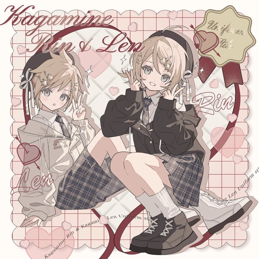 1boy 1girl :o ahoge black_jacket black_necktie black_shorts black_skirt blonde_hair blue_eyes blush_stickers boots border brother_and_sister brown_hat brown_shoes character_name collared_shirt dot_nose double-parted_bangs double_v drop_shadow full_body grid_background grin hand_up hands_up hashtag-only_commentary hat heart highres jacket kagamine_len kagamine_rin long_sleeves looking_at_viewer moo_n_moko necktie open_mouth outside_border pink_background plaid_clothes plaid_necktie plaid_shorts plaid_skirt pleated_skirt ribbed_socks shirt shoes short_hair shorts siblings sitting skirt smile socks twins unmoving_pattern v vocaloid white_boots white_border white_jacket white_shirt white_socks