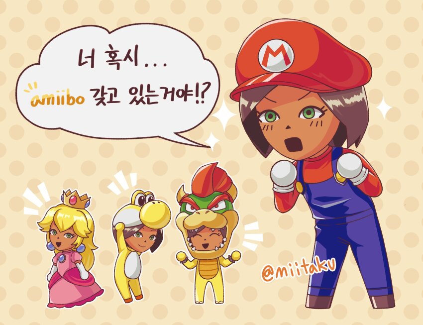 1girl amiibo blonde_hair blue_eyes bowser bowser_(cosplay) brown_hair chibi cosplay crossover crown dark-skinned_female dark_skin dress earrings english_text full_body glint gloves green_eyes hat highres jewelry korean_text long_hair looking_at_viewer maria_(miitopia) mario mario_(series) mii_(nintendo) miitaku miitopia multiple_boys multiple_girls nintendo notice_lines open_mouth overalls pink_dress polka_dot polka_dot_background princess_peach princess_peach_(cosplay) puffy_sleeves red_hair red_shirt shirt short_hair short_sleeves smile speech_bubble tan white_gloves yellow_yoshi yoshi yoshi_(cosplay)