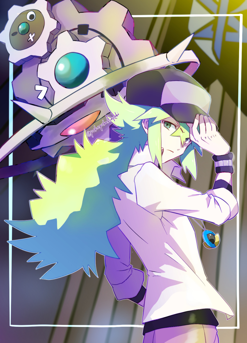1boy baseball_cap gen_5_pokemon green_eyes green_hair hand_on_headwear hat highres klinklang long_hair looking_at_viewer male_focus n_(pokemon) nintendo pokemon pokemon_(creature) pokemon_bw pokepokekonpeki twitter_username undershirt
