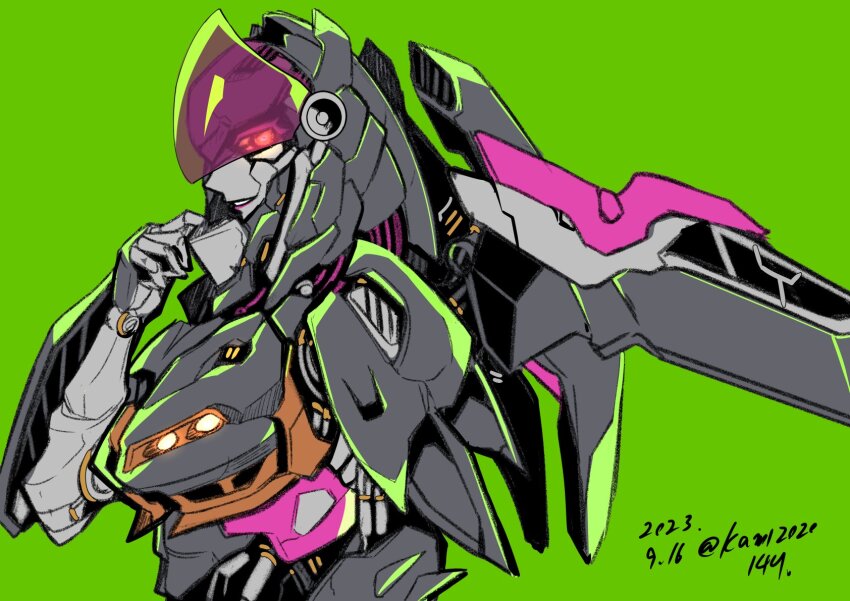 1girl dated extra_eyes from_side grey_background highres kamizono_(spookyhouse) looking_at_viewer mecha nightbird_(transformers) parted_lips purple_lips red_eyes robot smile transformers transformers:_rise_of_the_beasts transformers_(live_action) twitter_username upper_body yellow_eyes