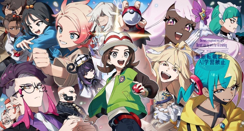 6+boys 6+girls :d ahoge arm_up beard black-framed_eyewear black_hair blonde_hair bracelet brown_hair canari_(pokemon) clenched_hand closed_mouth commentary_request corbeau_(pokemon) dark-skinned_male dark_skin emma_(pokemon) everyone facial_hair floette floette_(eternal) gen_6_pokemon glasses gloves green_hair green_jacket grin griselle_(pokemon) grisham_(pokemon) gwynn_(pokemon) hand_up harmony_(pokemon) hat holding holding_poke_ball jacinthe_(pokemon) jacket jewelry lebanne_(pokemon) lida_(pokemon) long_hair mask mask_pull mouth_mask multicolored_hair multiple_boys multiple_girls n_(pokemon) naveen_(pokemon) ninahachi nintendo open_clothes open_jacket open_mouth pants philippe_(pokemon) poke_ball poke_ball_(basic) pokemon pokemon_(creature) pokemon_legends:_z-a round_eyewear shirt smile sweatdrop tarragon_(pokemon) teeth twintails upper_teeth_only urbain_(pokemon) watermark white_gloves white_shirt yellow_eyes