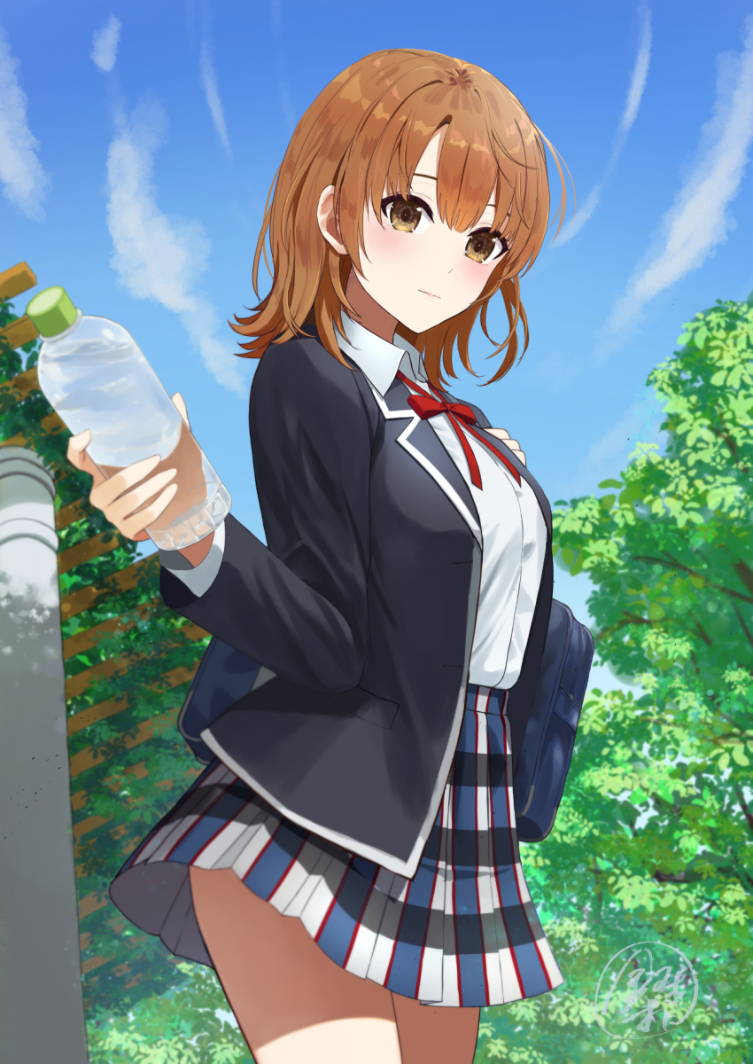 1girl bag black_jacket blazer blush bottle brown_eyes brown_hair closed_mouth collared_shirt commentary day highres holding holding_bag holding_bottle isshiki_iroha jacket kashiiyou medium_hair neck_ribbon outdoors plaid_clothes plaid_skirt pleated_skirt red_ribbon ribbon school_bag school_uniform shirt signature skirt sky sobu_high_school_uniform solo white_shirt winter_uniform yahari_ore_no_seishun_lovecome_wa_machigatteiru.