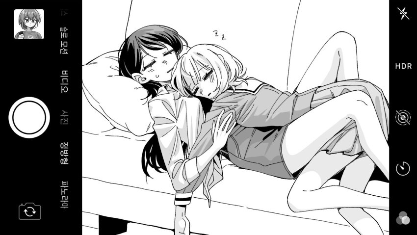 3girls bang_dream! bang_dream!_it&#039;s_mygo!!!!! between_legs closed_mouth commentary_request couch cuddling cushion fake_phone_screenshot fake_screenshot greyscale hanasakigawa_school_uniform holding_own_arm kaname_raana korean_commentary long_hair long_sleeves medium_hair monochrome multiple_girls neonfloyd on_couch parted_lips pleated_skirt sailor_collar school_uniform shiina_taki shirt short_hair skirt sleeping sleeping_on_person sweatdrop takamatsu_tomori yuri zzz