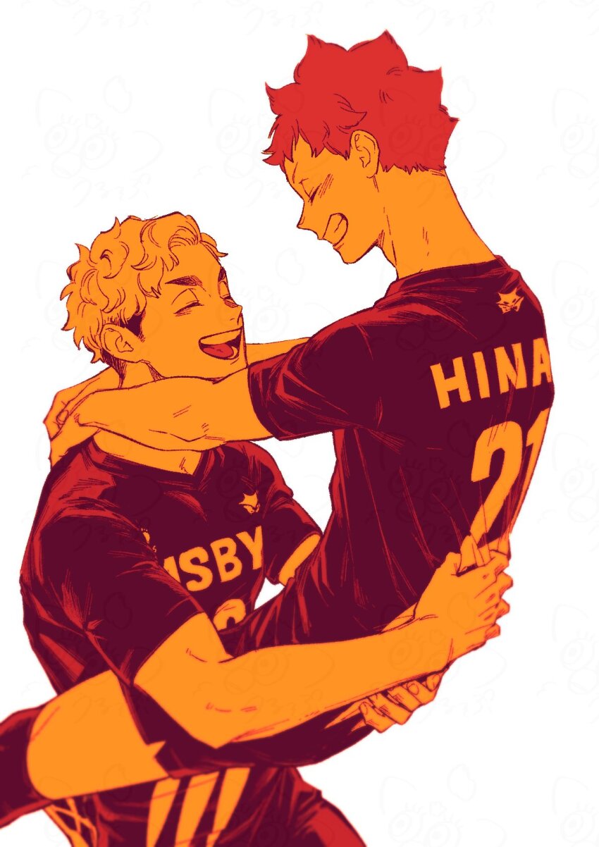 2boys arms_around_neck blush carrying commentary_request feet_out_of_frame grin haikyuu!! hands_on_another&#039;s_back highres hinata_shouyou leg_lock limited_palette male_focus miya_atsumu multicolored_hair multiple_boys open_mouth orange_hair romaji_text short_hair short_sleeves shorts simple_background smile spiked_hair sportswear teeth thick_eyebrows tongue two-tone_hair urup_zzz volleyball_uniform wavy_hair white_background