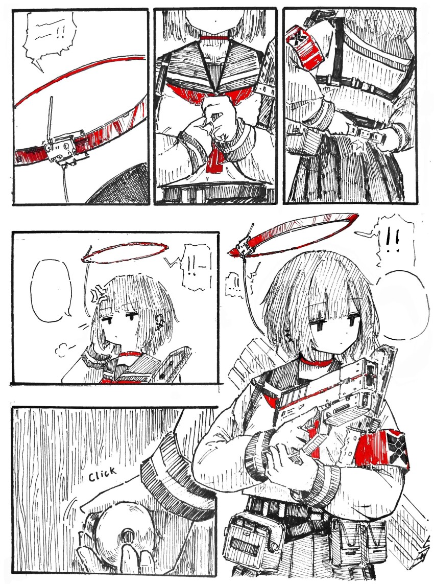 ! 1girl absurdres anger_vein armband blunt_bangs choker deadpan doorknob dressing expressionless gun halo highres mechanical_halo original pocket science_fiction shiokaze1409 short_hair skirt spoken_exclamation_mark spot_color weapon yuuko_(shiokaze1409)