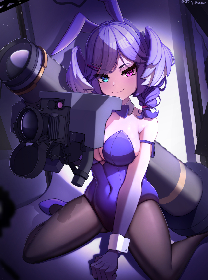 1girl arm_ribbon bare_shoulders between_legs black_pantyhose bow bowtie braid breasts ceo_of_disgrace cleavage commentary detached_collar english_commentary fang fgm-148_javelin grin hair_ornament hairclip hand_between_legs head_wings heterochromia highres kneeling large_breasts leotard nijisanji nijisanji_en pantyhose playboy_bunny purple_bow purple_bowtie purple_hair purple_leotard purple_ribbon ribbon selen_tatsuki shoes skin_fang skindentation slit_pupils smile solo twin_braids twitter_username virtual_youtuber wings wrist_cuffs
