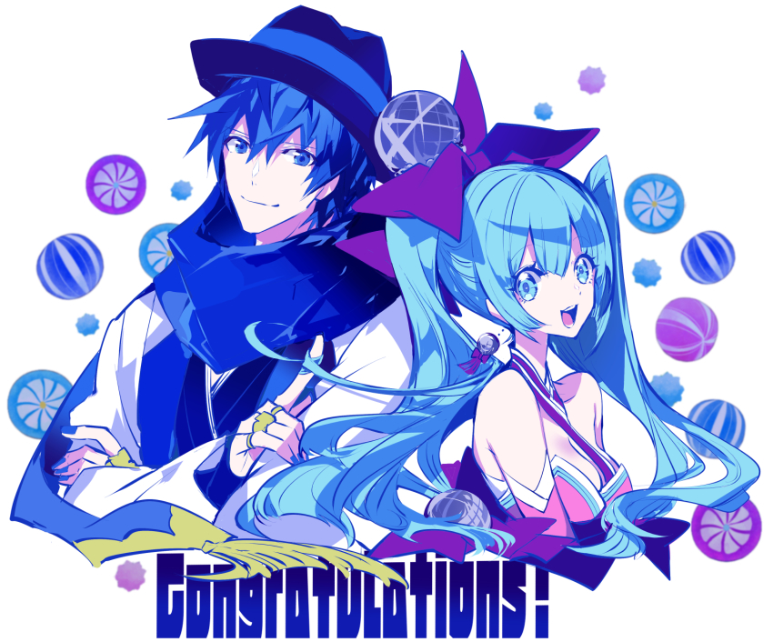 1boy 1girl aqua_eyes aqua_hair ball bare_shoulders beachball blue_eyes blue_hair blue_nails blue_scarf bow coat commentary congratulations crossed_arms detached_sleeves disco_ball dress fedora hair_bow hat hatsune_miku highres index_finger_raised japanese_clothes jewelry kaito_(vocaloid) kimono long_hair looking_at_viewer manbou_no_ane nail_polish ooedo_julia_night_(vocaloid) open_mouth ring scarf smile spiral strapless strapless_dress twintails upper_body very_long_hair vocaloid wheel white_background white_coat yukata
