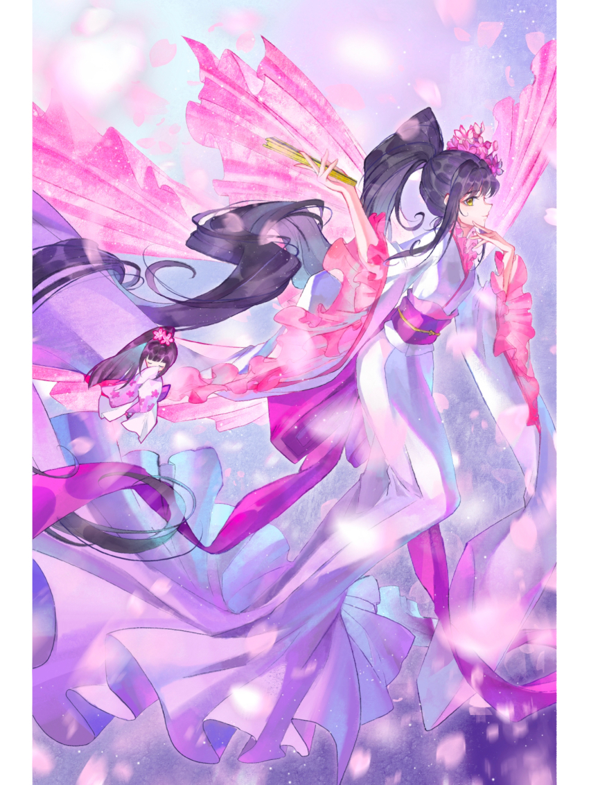 1boy 1girl absurdly_long_hair back_bow black_hair blue_sky border bow butterfly_wings chibi chinese_commentary closed_eyes closed_mouth commentary_request covered_mouth crossdressing day expressionless fireworks floating_clothes floating_hair floral_print flower folded_fan folding_fan frilled_sleeves frills fujisaki_nadeshiko full_body hair_flower hair_intakes hair_ornament hand_fan high_ponytail highres holding holding_fan inhan insect_wings japanese_clothes kimono letterboxed long_hair long_sleeves looking_at_viewer magical_girl male_focus obi outdoors petals pink_flower pink_shawl pink_wings pointy_nose ponytail purple_bow purple_sash sash shawl shugo_chara! sky temari_(shugo_chara!) trap very_long_hair white_border white_kimono wide_sleeves wings yamato_maihime yellow_eyes