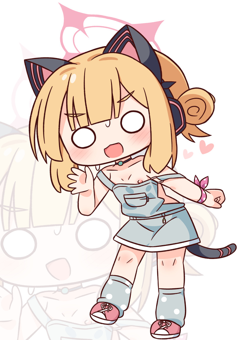 1girl :d animal_ear_headphones animal_ears bare_shoulders blonde_hair blue_archive blush breasts chibi collarbone fake_animal_ears grey_socks hair_bun halo hana_kazari hand_up headphones heart highres loli looking_at_viewer momoi_(blue_archive) multiple_views nipples o_o open_mouth overall_skirt pink_shoes polka_dot_socks shoes simple_background single_side_bun small_breasts smile socks strap_slip sweat tail white_background zoom_layer