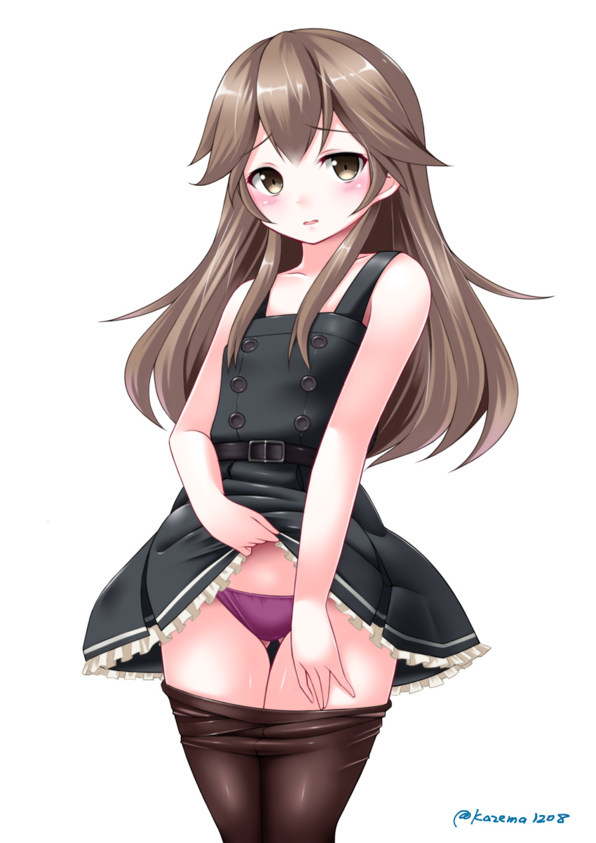 1girl arashio_(kancolle) brown_eyes brown_hair brown_pantyhose clothes_lift clothes_pull collarbone commentary_request dress dress_lift embarrassed frilled_dress frills highres kantai_collection kaze_makase lifting_own_clothes long_hair no_shirt open_mouth panties pantyhose pantyhose_around_legs pantyhose_pull pinafore_dress purple_panties revision sleeveless sleeveless_dress solo twitter_username underwear
