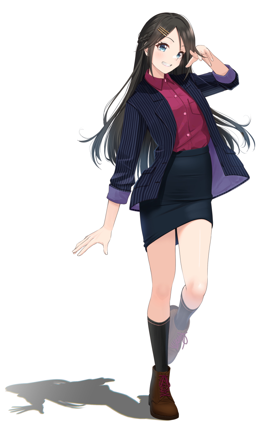 1girl absurdres ankle_boots black_hair black_jacket black_skirt black_socks blue_eyes boots braid breast_pocket brown_boots buttons collared_shirt commentary_request grin highres idolmaster idolmaster_shiny_colors jacket kneehighs knees legs long_hair long_sleeves looking_at_viewer mitsumine_yuika open_clothes open_jacket pencil_skirt pocket puriketsu_corgy red_shirt shirt simple_background skirt smile socks solo standing standing_on_one_leg striped_clothes striped_jacket teeth thighs vertical-striped_clothes vertical-striped_jacket very_long_hair white_background