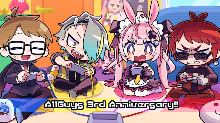 1girl 3boys =_= angry animal_ears anniversary antenna_hair bans black_gloves black_hairband black_scarf black_shirt black_skirt blush_stickers bright_pupils brown_hair cameo character_doll chibi closed_eyes commentary_request controller criss-cross_halter dice dice_earrings door earrings facial_mark fall_guy fall_guys frilled_hairband frills full_body game_controller gatchmanv glaring glasses gloves grey_hair grimace hair_ornament hair_over_one_eye hairband halter_shirt halterneck highres hikimayu holding holding_controller holding_game_controller indian_style indie_virtual_youtuber indoors jacket layered_shirt leaning_to_the_side long_hair long_sleeves mole mole_under_eye multicolored_eyes multicolored_hair multiple_boys on_floor one_eye_covered open_mouth pants pink_eyes pink_hair playing_games poster_(object) purple_skirt rabbit_ears rabbit_girl red_hair red_jacket red_pants scanlines scarf seiza sharp_teeth shirt short_hair short_sleeves sitting skirt small_sweatdrop smile strapless strapless_shirt streaked_hair sumikawa_(sumikawa8v) sunglasses teeth tenkai_tsukasa tomari_mari twintails utai_meika v-shaped_eyebrows very_long_hair virtual_youtuber white_gloves white_pupils white_shirt x_hair_ornament yellow_eyes