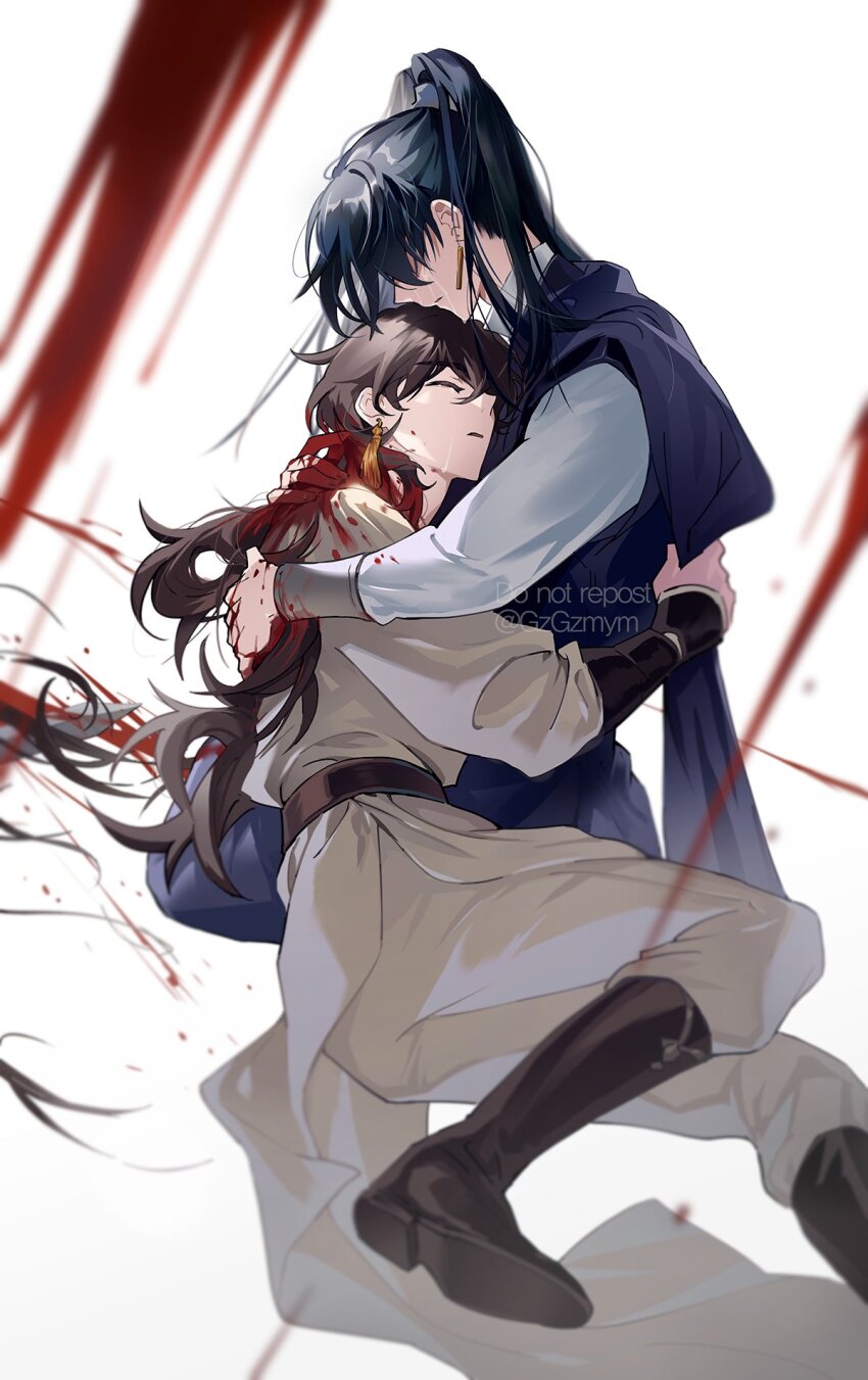 2boys black_hair black_hanfu blood brown_hair chinese_clothes closed_eyes crying earrings gzgzmym hanfu high_ponytail highres hug injury jewelry long_hair long_sleeves male_focus multiple_boys ponytail quan_yizhen robe tassel tianguan_cifu wavy_hair wide_sleeves yellow_hanfu yin_yu
