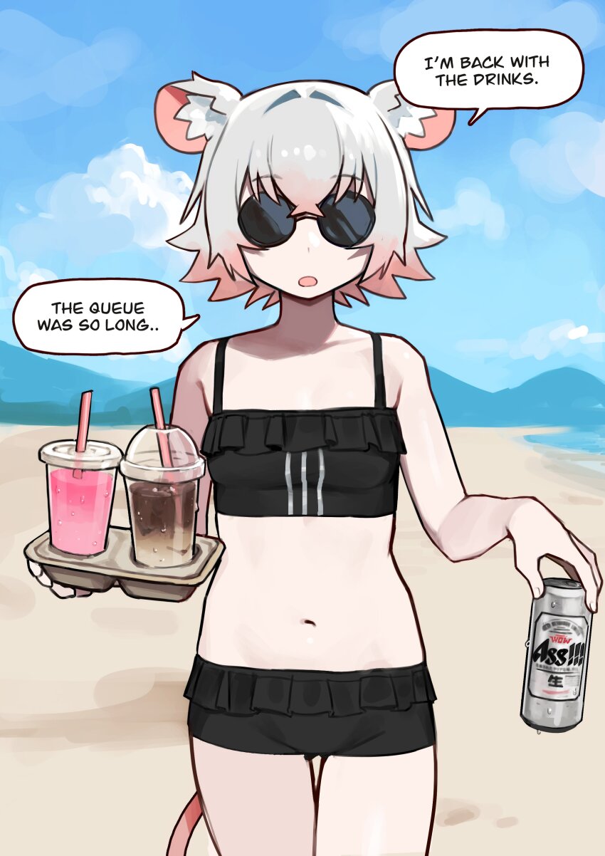 1girl absurdres animal_ear_fluff animal_ears asahi_breweries bare_arms bare_shoulders beach beer_can black_shorts blue_sky brand_name_imitation can cloud commentary cowboy_shot crop_top crossed_bangs cup day disposable_cup drink_can english_commentary english_text flat_chest frilled_shorts frills gradient_hair grey_hair hair_between_eyes highres holding holding_can legs_together mountainous_horizon mouse_ears mouse_girl mouse_tail multicolored_hair navel open_mouth original outdoors perl_(vertigris) pink_hair round_eyewear sand shirt short_hair short_shorts shorts sidelocks skirt sky sleeveless sleeveless_shirt solo speech_bubble standing stomach straight-on sunglasses tail thigh_gap two-tone_hair vertigris