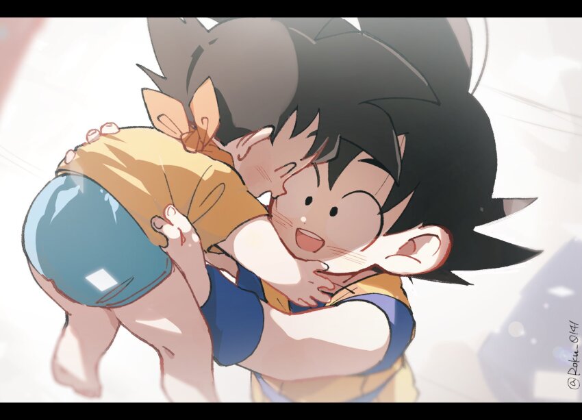 2boys baby black_eyes black_hair carrying commentary dougi dragon_ball dragon_ball_daima father_and_son highres letterboxed male_focus multiple_boys roku_(roku_0141) shirt son_goku son_goten twitter_username wristband yellow_shirt