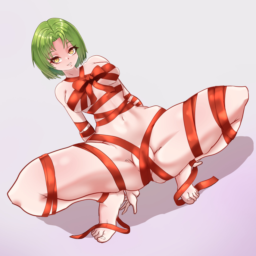 1girl absurdres breasts clitoris completely_nude convenient_censoring gift_wrapping green_hair highres looking_at_viewer medium_breasts miyako.noh nipples nude pussy ryumivt simple_background spread_legs squatting twitch virtual_youtuber wide_hips yellow_eyes youtube