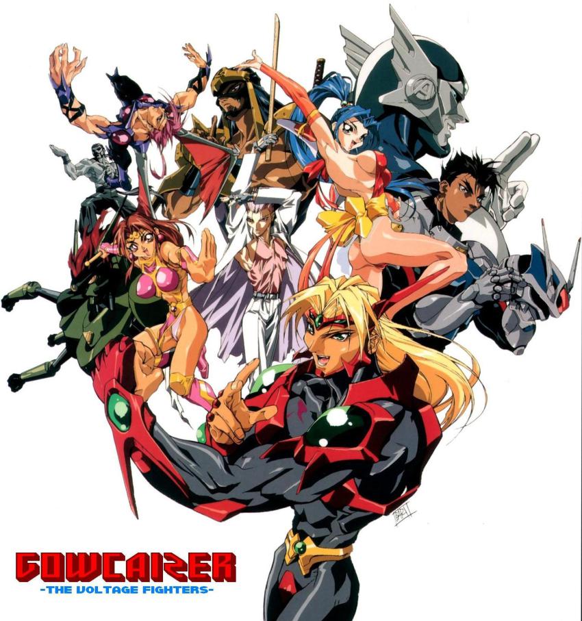 1990s_(style) 2girls 6+boys armor ass battle_master_sheng_long black_hair blonde_hair blue_hair bodysuit bokken breasts brider brown_hair choujin_gakuen_gowcaizer copyright_name everyone fang fudomaru gowcaizer high_ponytail highres hishizaki_shaia_(gowcaizer) kaiza_gouichiro kaiza_isato kash_gyustan kyosuke large_breasts leotard long_hair looking_at_viewer marion_(gowcaizer) martial_arts mask multiple_boys multiple_girls muscular oobari_masami open_mouth ponytail poster_(medium) power_armor power_suit randy_riggs retro_artstyle revealing_clothes robot scan shigure_kyosuke short_hair sideboob simple_background skin_tight smile son_karin spandex stick sword tachibana_ikki tan technos thong_leotard weapon white_background wings wooden_sword