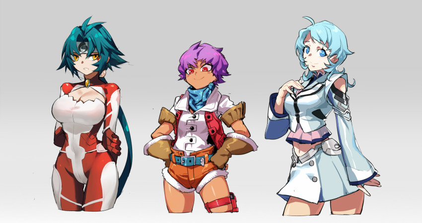 3girls al-3_alice aria_advance blue_eyes blue_hair bodysuit breasts brown_gloves cleavage dark-skinned_female dark_skin gloves hand_on_own_chest hands_on_own_hips highres lamian_(pixiv415608) large_breasts long_hair looking_down looking_to_the_side medium_hair multiple_girls navel purple_hair red_eyes sheldia_rouge short_hair super_robot_wars super_robot_wars_k super_robot_wars_l super_robot_wars_w yellow_eyes