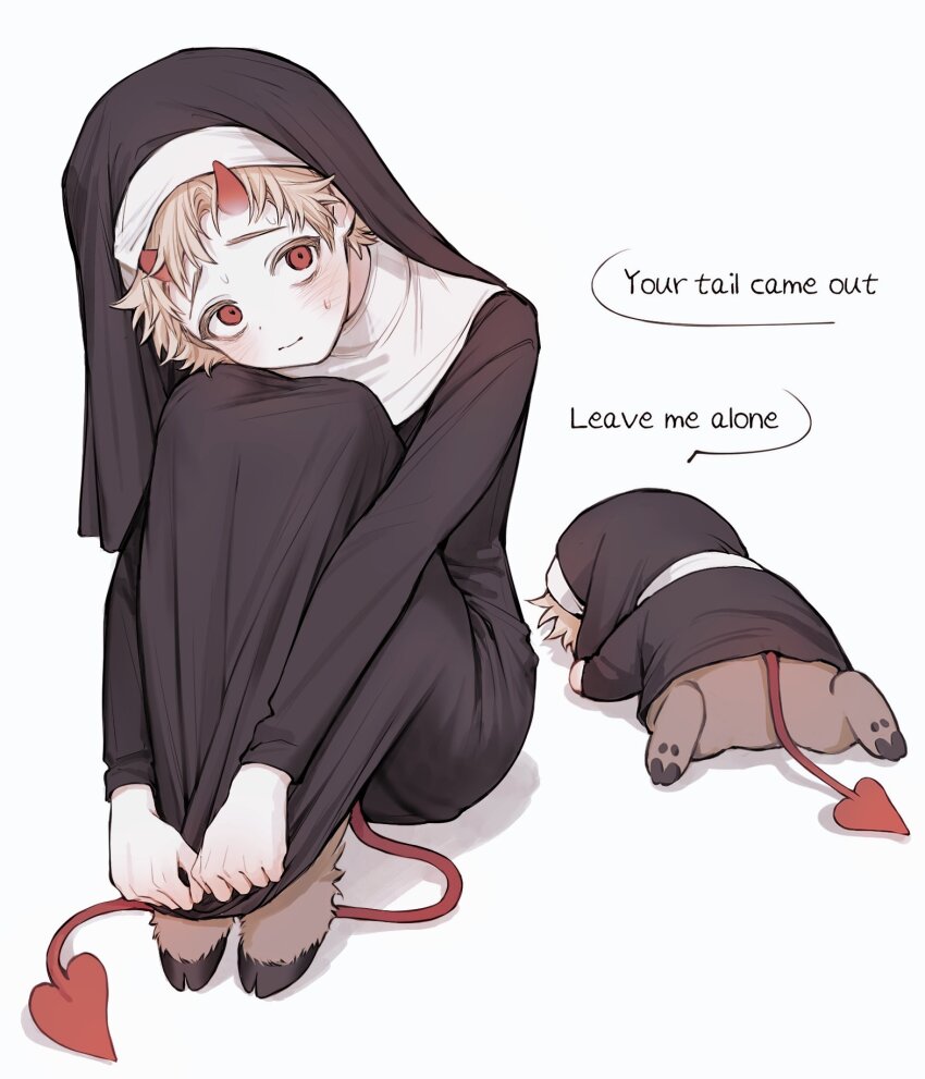 0o0_w_o0 1boy commentary_request demon_boy demon_tail english_text full_body goat_legs highres horns korean_commentary male_focus nun red_eyes simple_background solo south_park south_park:_phone_destroyer sweat tail tweek_tweak white_background